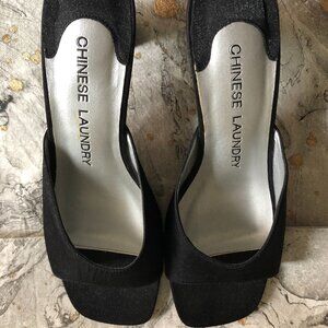 NEW Chinese Laundry Black Shimmer Satin Slide Heal
